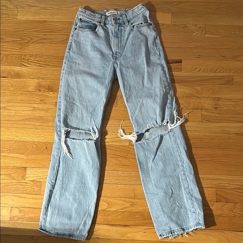 Abercrombie & Fitch Blue Straight Leg Jeans with Distressed Knees